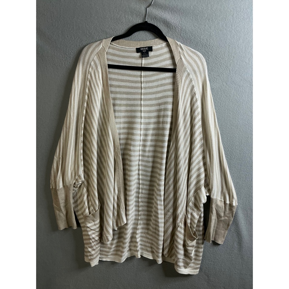 Verve ami Striped Cardigan Women's Large Open Front‎ Knit Sweater with Pockets